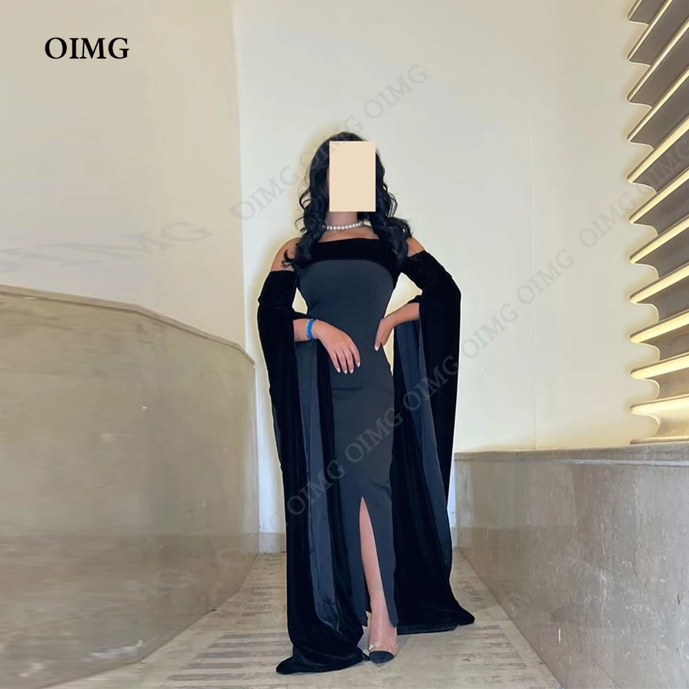 

OIMG Saudi Arabic Women Black Evening Dresses Off the Shoulder Cape Sleeves Side Slit Prom Gowns Dress Short Formal Party