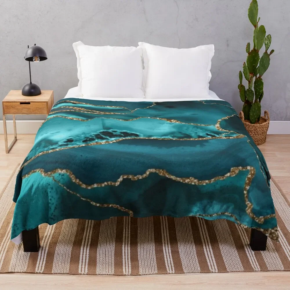 

Luxurious Turquoise Blue and Gold Shimmer Agate Throw Blanket Summer Luxury blankets and throws Designers Blankets