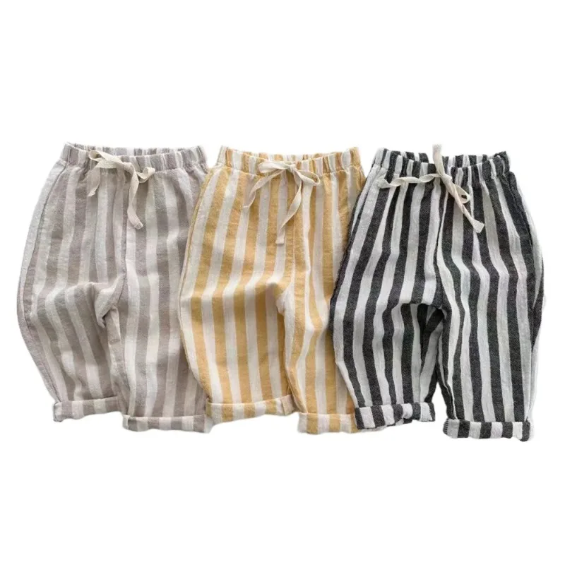 Vintage Linen Cotton Stripe Pants for Boys Casual Pocket Design Elastics Waist Pants for Toddler Girl Clothing Children Trousers 6
