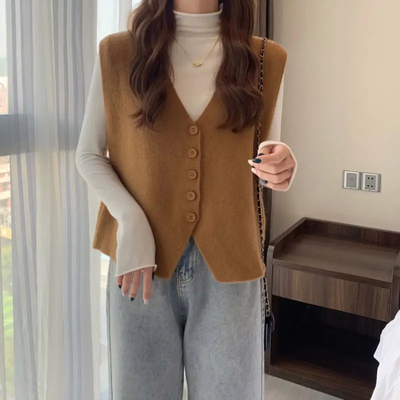 여성용 가디건 조끼, 2023 작은 향기로운 스웨터, 니트 조끼, 민소매 겹침 작은 커프 스웨터, 가을 및 겨울