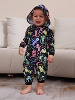 2024 New Halloween Party Mom Dad Kids Matching Outfits Skull Print Zipper Hooded Romper Jumpsuits Soft Sleepwear Family Look Pjs 6