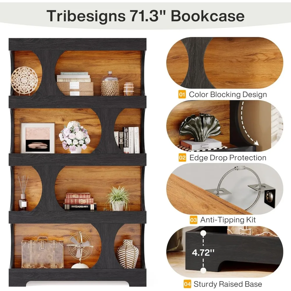 71" Tall Bookcase Set of 2, 4-Tier S-Shaped Bookshelf, Wood Decorative Storage Shelving, Modern Freestanding Display Shelves 5