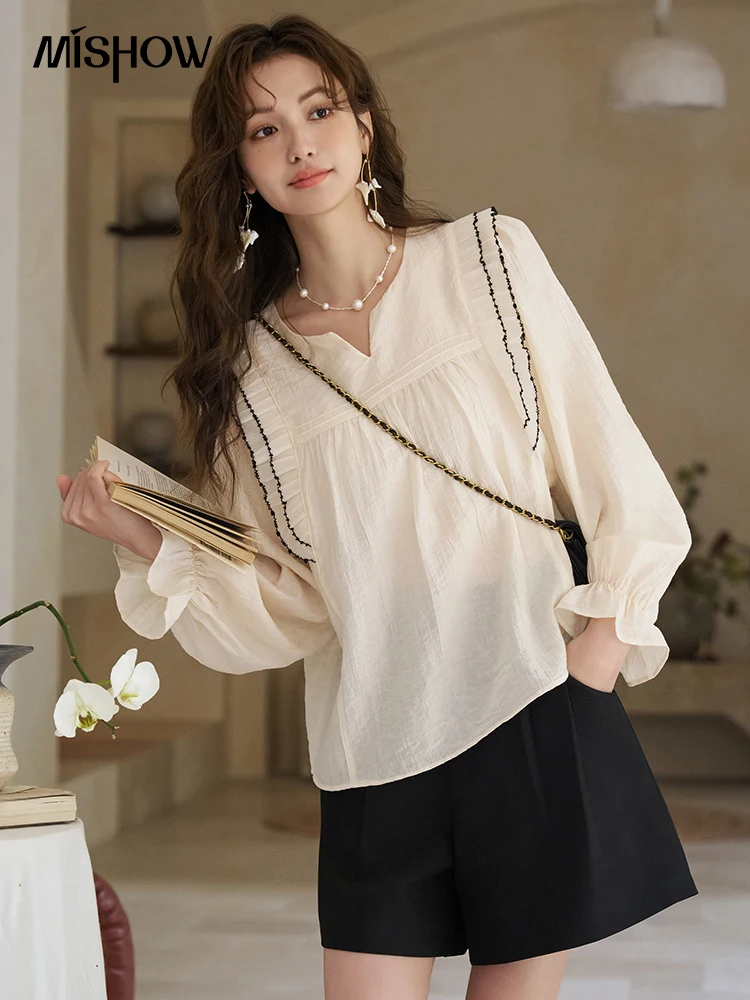 

MISHOW Sweet Blouses for Women 2024 Spring Petal Sleeve Ruffle Edge Contrasting Color Female V-Neck Loose Top MXD12X1365