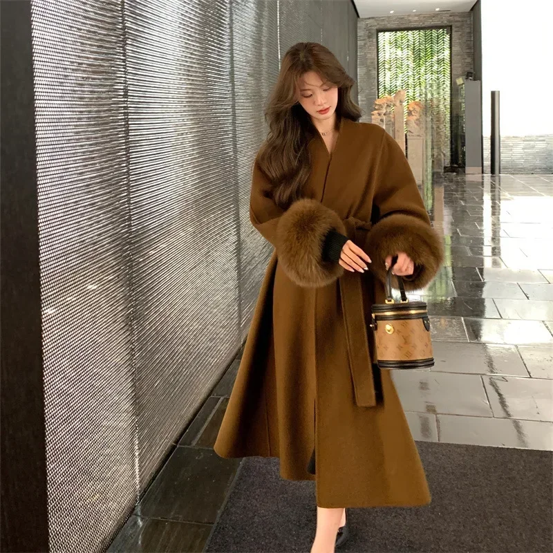 معاطف صوف بحزام للنساء ، معاطف فضفاضة ، ياقة فرو ك...