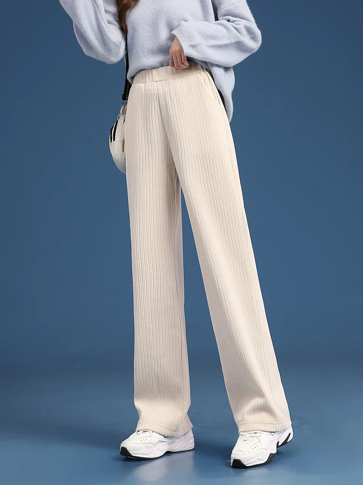 Women Plush Thick Pants Warm Winter Straight Corduroy Trousers Traf High Waist Casual Korean Fashion Female Wide Leg Baggy Pants