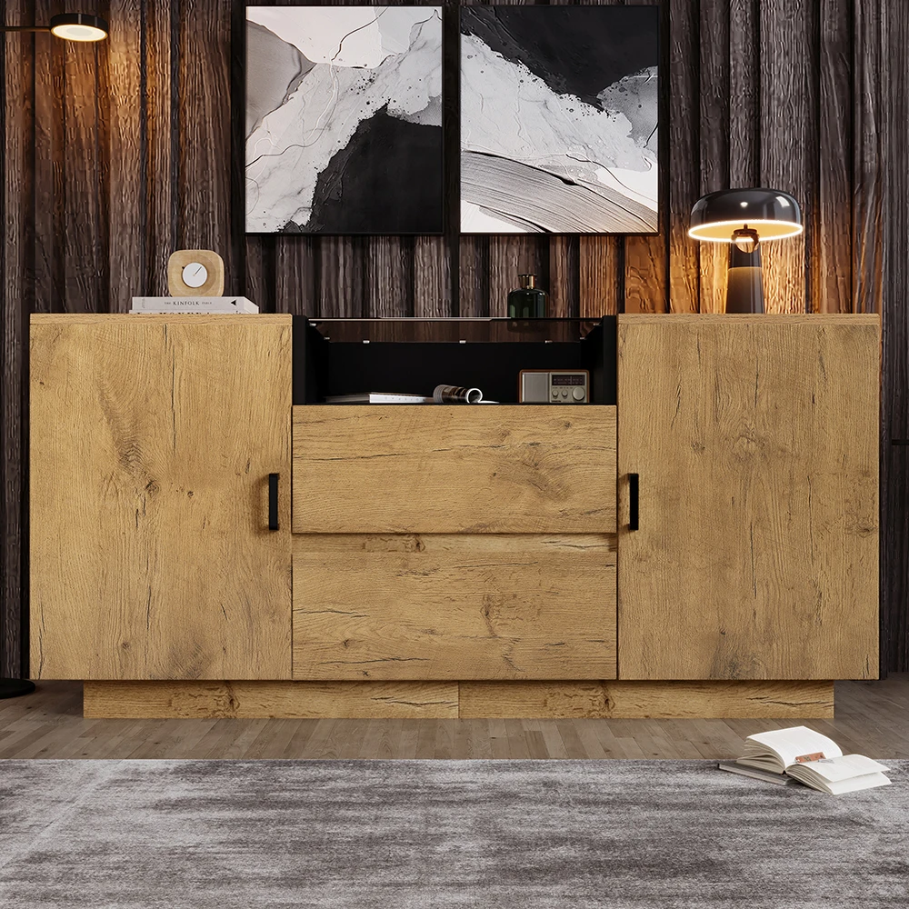 KOMHTOM Eichenoptik Kommode Sideboard mit 2 Schubladen + 2 Schränken, offenem Fach, ESG-Glas und schwarzen Griffen – Detail 1