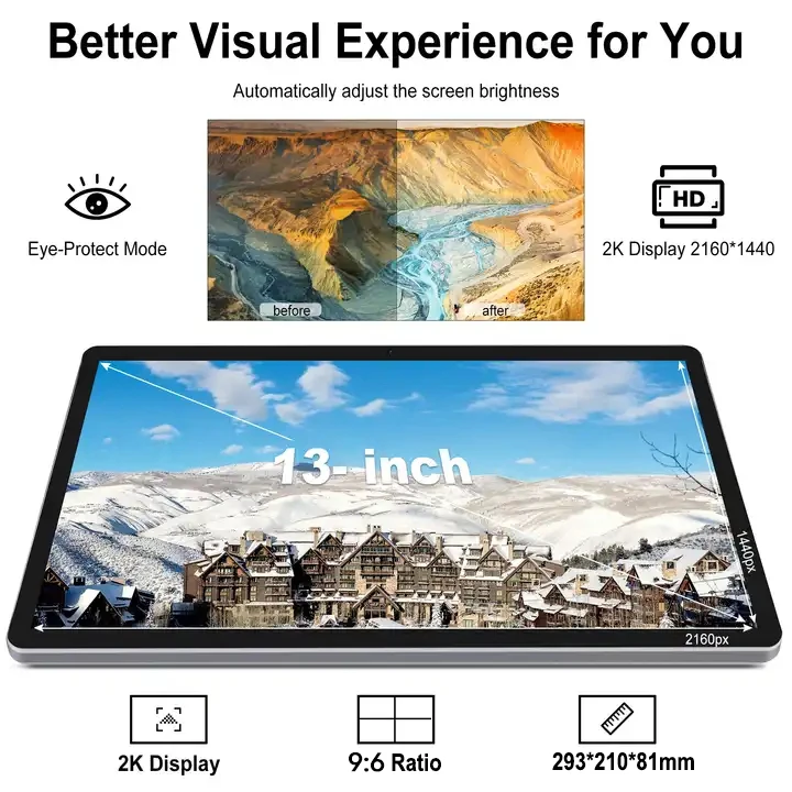 2024 New 13 Inch Large Screen 2160*1440 IPS 10000mAh Battery 8GB+256GB Phone Call 5G WIFI Google Play tablet Laptop Kids tablet 6