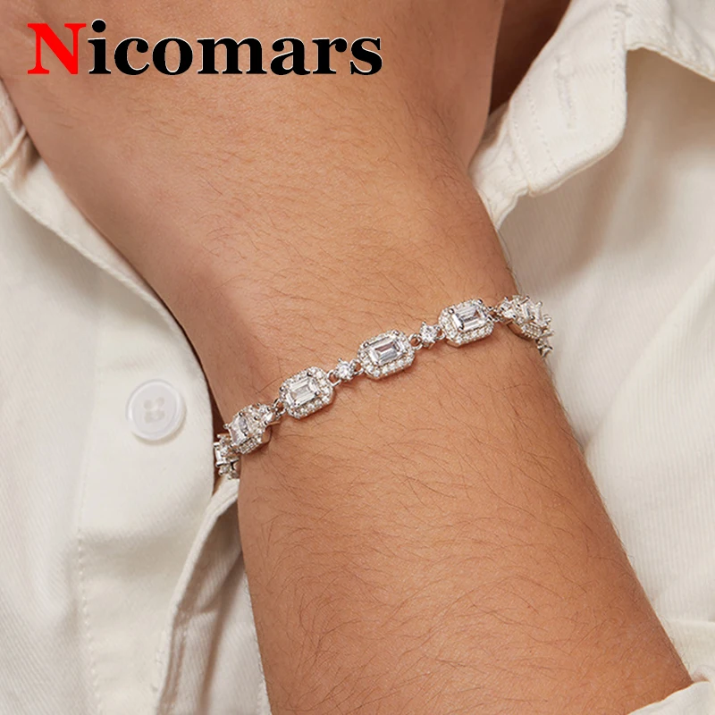 Premium Moissanite Cuban Chain Bracelet Trendy Fashion 925 Sterling Sliver Hip Hop Full Moissanite Diamond Shiny Gold Bracelet