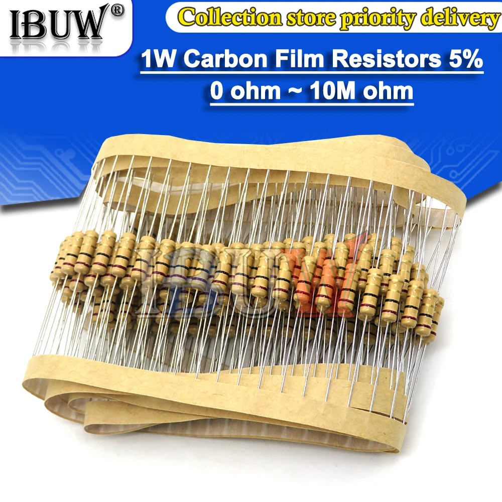 20pcs 1W Resistenze A Film di Carbonio 5% 1R ~ 1M 2R 10R 22R 47R 100R 330R 1K 4.7K 10K 22K 47K 100K 330K 470K 1 2 10 22 47 100 330 ohm