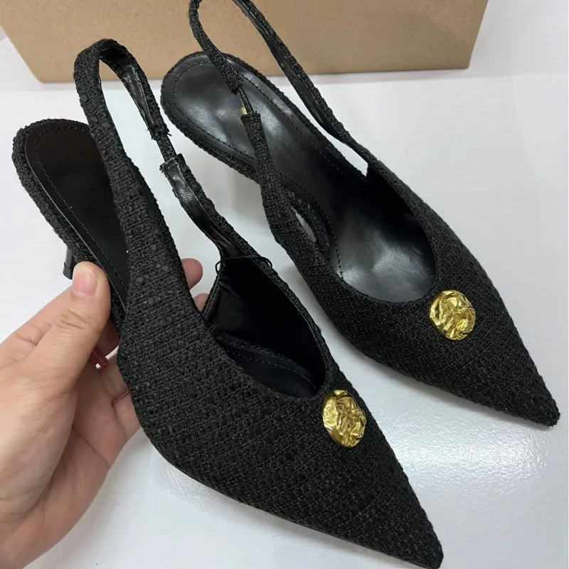 Ankle Wrap Women High Heeled Sandals Metal Buckle Decoration Stilettos Luxury Designer Dress Slingbacks Shoes for Lady