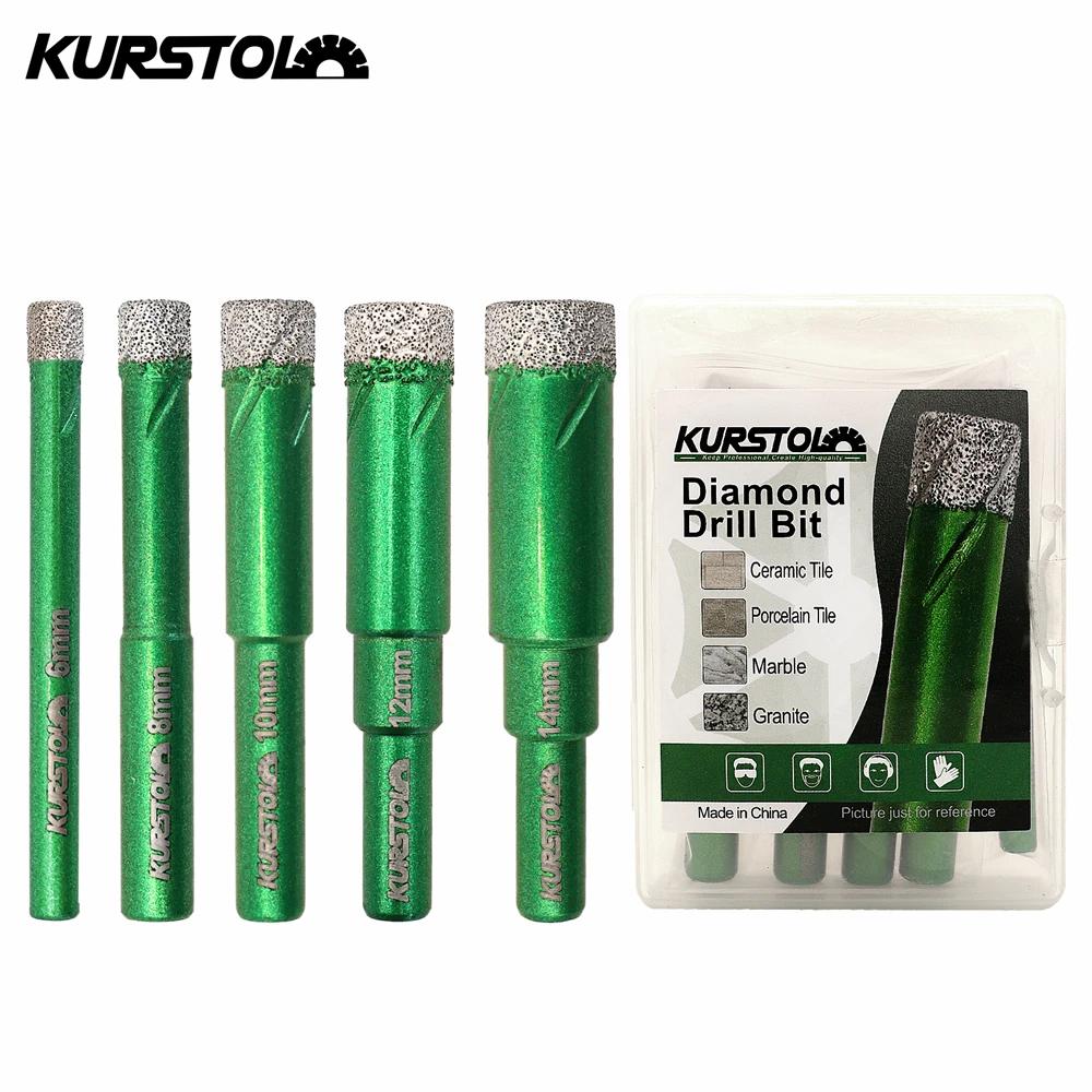 KURSTOL Diamond Drilling Bits 5pcs Dia 6/8/10/12/14mm Dry Round Shank Tile Ceramic Marble Granite Stone Porcelain Hole Bits kurstol diamond drill bits triangle shank 20 25 28 32 35 38mm 1pc porcelain ceramic granite marble stone tile drilling core bit