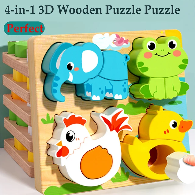 4-in-1 Wooden Toys 3D Wood Puzzle Cartoon Animals Cognitive Jigsaw Puzzle Early Learning Educational Toys For Children Gift