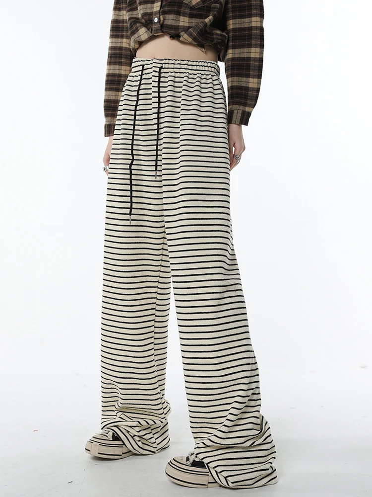 

Женские черные полосатые свободные винтажные мешковатые спортивные брюки с высокой талией, уличная одежда, модные прямые широкие женские весенние брюки