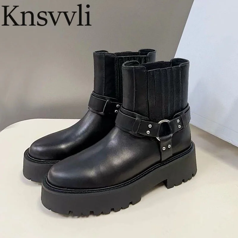 

Genuine Leather Thick Sole Short Boots Women Black Motorcycle Boots Woman Platform Shoes Round Toe Flat Ankle Boots Women
