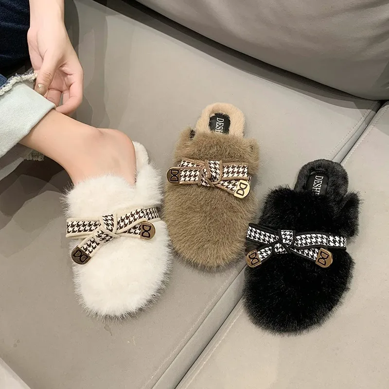 

Cross Strap Slippers Ladies Rabbit Fur Slippers Winter Ladies Cotton Slippers Plaid Design Flip-Flops Slippers Keep Warm Femme