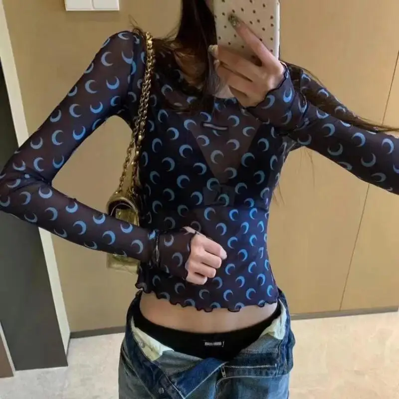 Women Sheer Mesh Shirt Long Sleeve Crop Top Slim Elastic Blouse Y2K Casual Sexy Ruffles Bottoming T Shirt 3