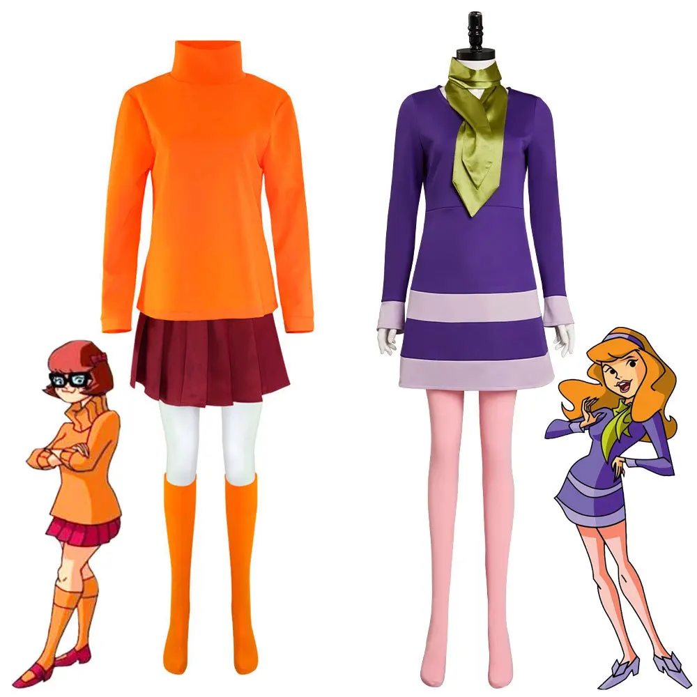 

Velma Косплей Оранжевый Топ Юбка носки костюм на Хэллоуин Дафна Косплей фиолетовое платье костюмы на Хэллоуин для женщин парик
