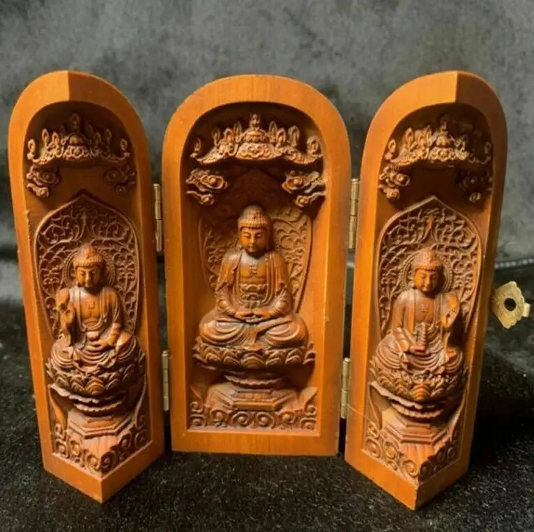 

Vintage Japanese Netsuke Old Boxwood Carved Three Open Buddha Box Statue Boutique Statues for Decoration Collection Ornaments