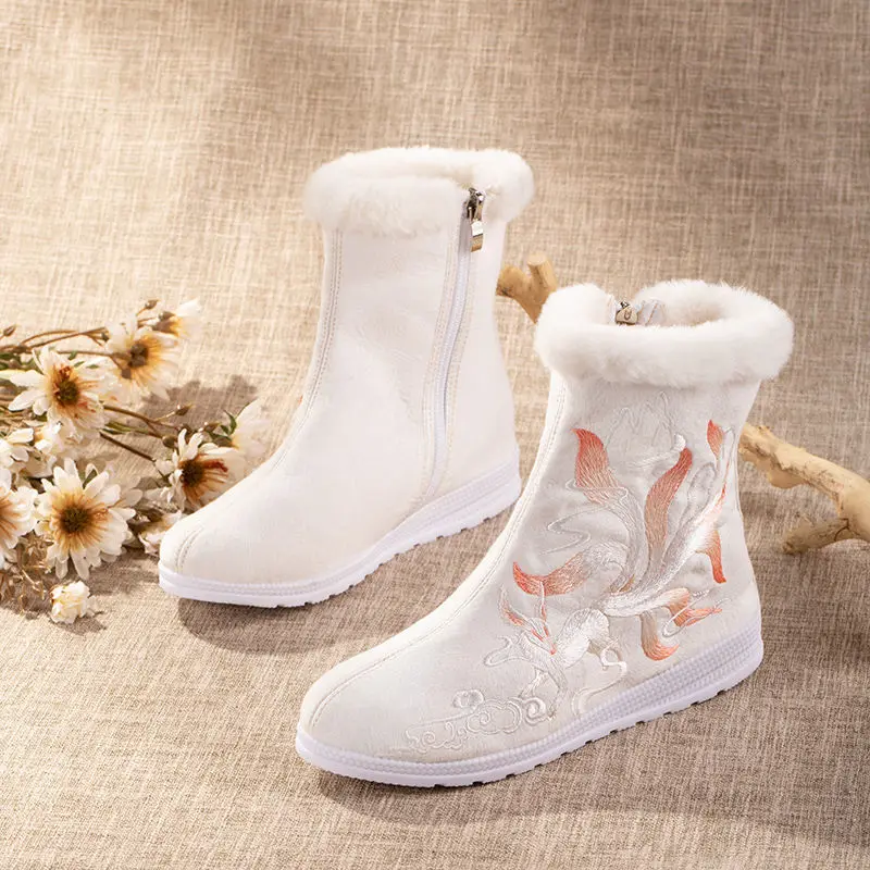 

Chinese Hanfu Shoes Princess Women Winter Spring Dance Performance Cotton Zipper Plush Boots Ethnic Style Warm Velvet Embroidery