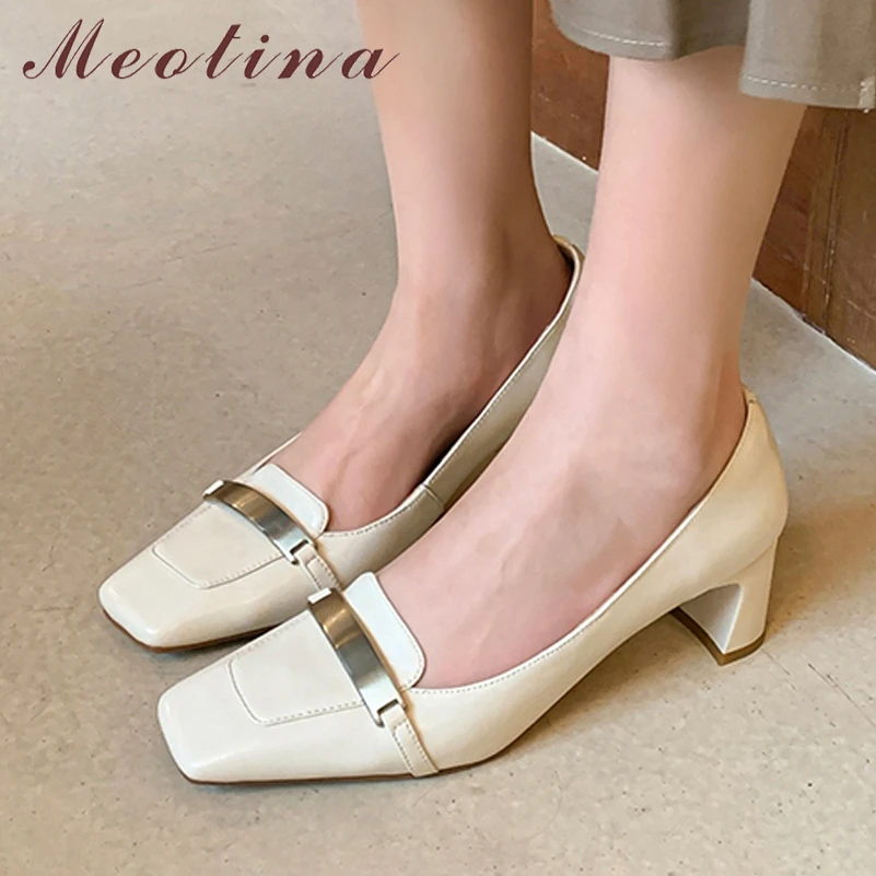 

Meotina Women Genuine Leather SquareToe Thick High Heels Pumps Shallow Fashion Party Ladies Spring Autumn Shoes Beige Black