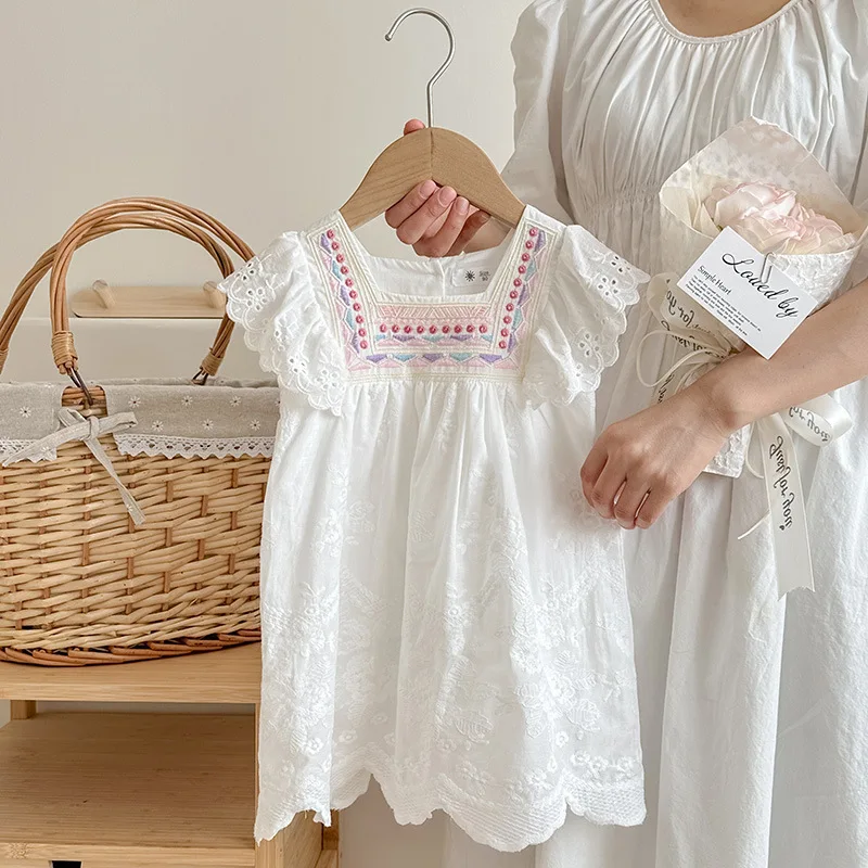 

Baby Girls Lace Dresses White Embroidered Ruffle Sleeve Princess Dress for Kids 2-7 Years Summer 2024 Casual Infants Clothes