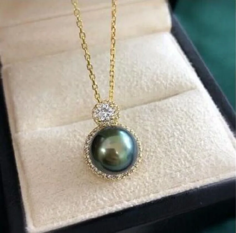 

Large AAAAA 10-11mm South China Sea Authentic Black Round Pearl Pendant Necklace 18 "925S