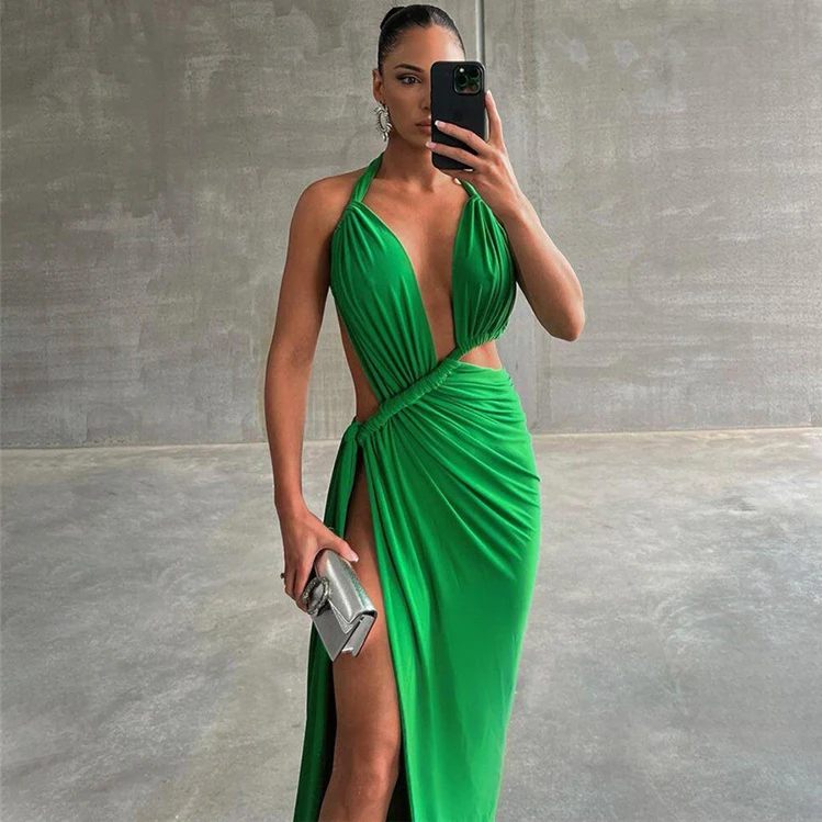 

Green Halter Backless Maxi Dress for Women Sexy Split Bodycon Long Dress Summer Hollow Out Sleeveless Evening Party Dress 2023