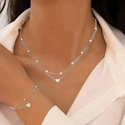 Elegant Pearl Heart Jewelry Set: Gold & Silver Beaded Necklace and Bracelet Set (Silver)