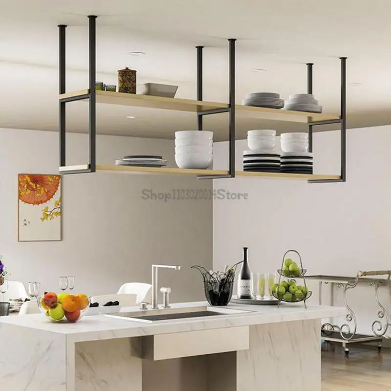 Nordic Solid Wood Kitchen Bar Hanging Rack Storage Rack Restaurant Iron Hanging Cabinet Metal Ceiling Wine