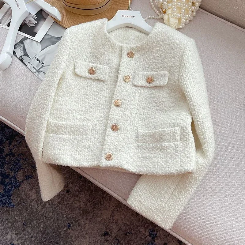 

2024 New Korean Chic Female Tweed Basic Button Up Jacket Coat Women Autumn Winter Clothing Runway Style Woolen Outerwear