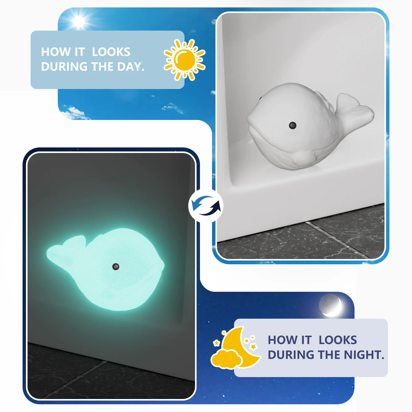 MENNTY 2-Pack Toilet Bolt Covers, Glow-in-the-Dark Whale Toilet Bolt Covers, Caps for Bottom of Toilet, Cove