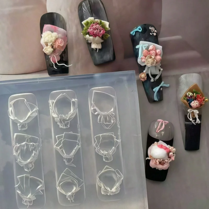 우아한 아트 네일 아트 장식 DIY 실리콘 몰드 꽃다발 나비 매듭 3D 조각 투..