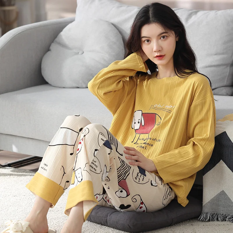 2022 New Spring And Autumn Winter Pajamas Women's Long Sleeved Pure Cotton  Cartoon Cute Loose Large Home Clothes Set