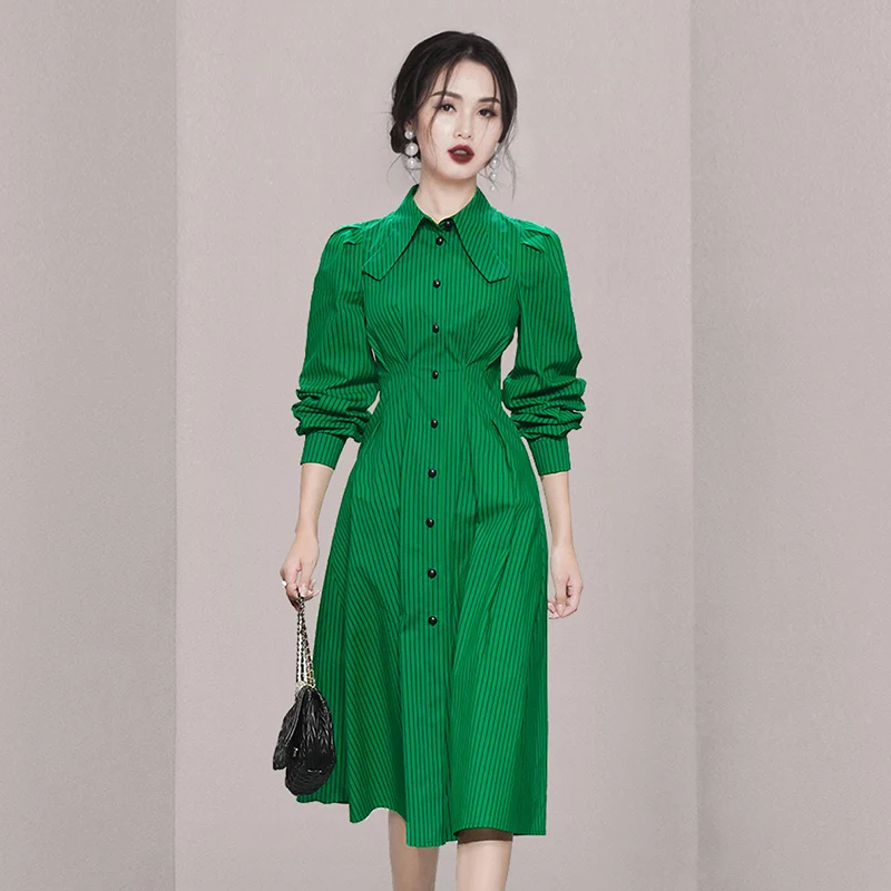 

Spring Autumn New Fashion Vintage Stripe Shirt Dress 2023 Women's Long Sleeve Lapel Elegant Office Dresses Vestidos