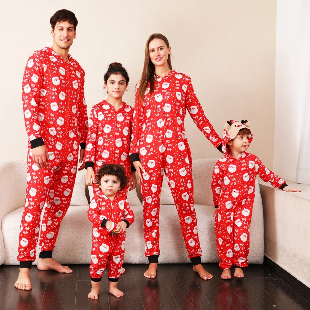 2024 Christmas Family Matching Outfit Cute Deer Ear Hooded Zipper Romper Cute One-Piece Jumpsuit Allover Print Pajamas Xmas Look 2