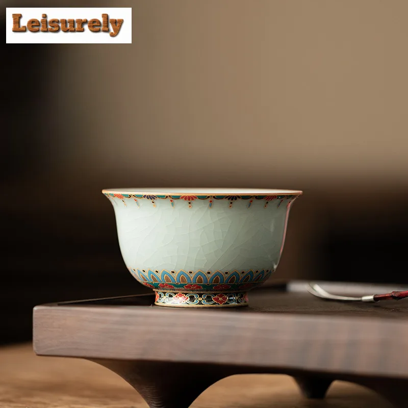 85ml Ru Kiln Precious Flower Pressed Hand Teacup Vintage Tea Bowl Cute Cup Tea-tasting Meditation Cup Jianzhan Master Cups Cafes