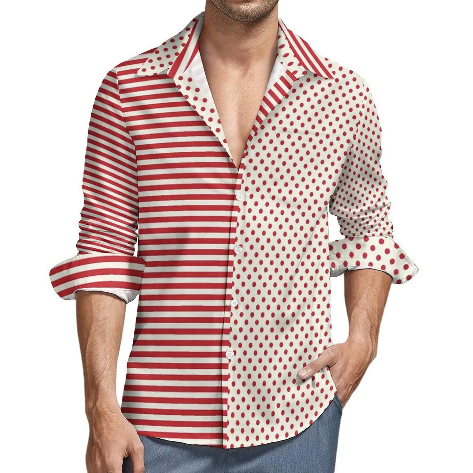 

Polka Dots And Stripes Christmas Casual Shirt Man Harajuku Shirt Autumn Trendy Blouses Long Sleeve Design Oversized Top
