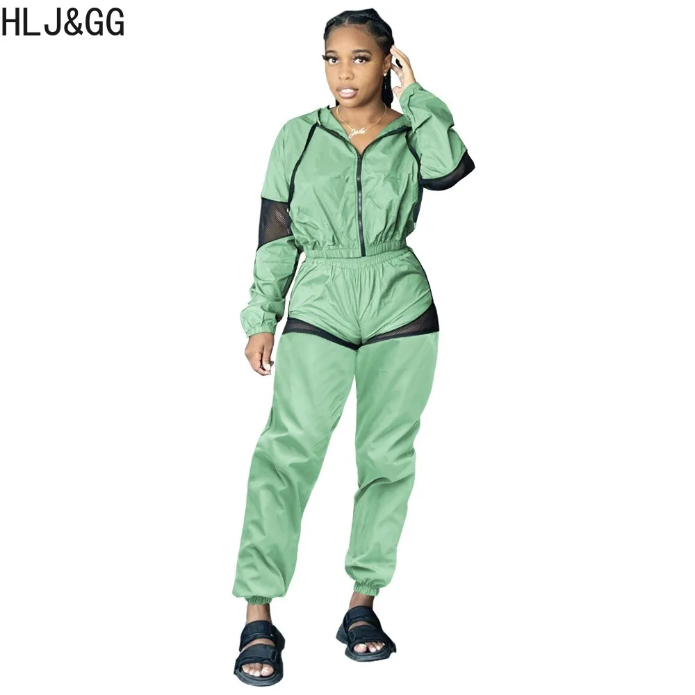 HLJ&GG Fashion Mesh Splicing Hooded Tracksuits Women Zipper Long Sleeve Coats And Pants Two Piece Sets Casual Sporty 2pcs Outfit