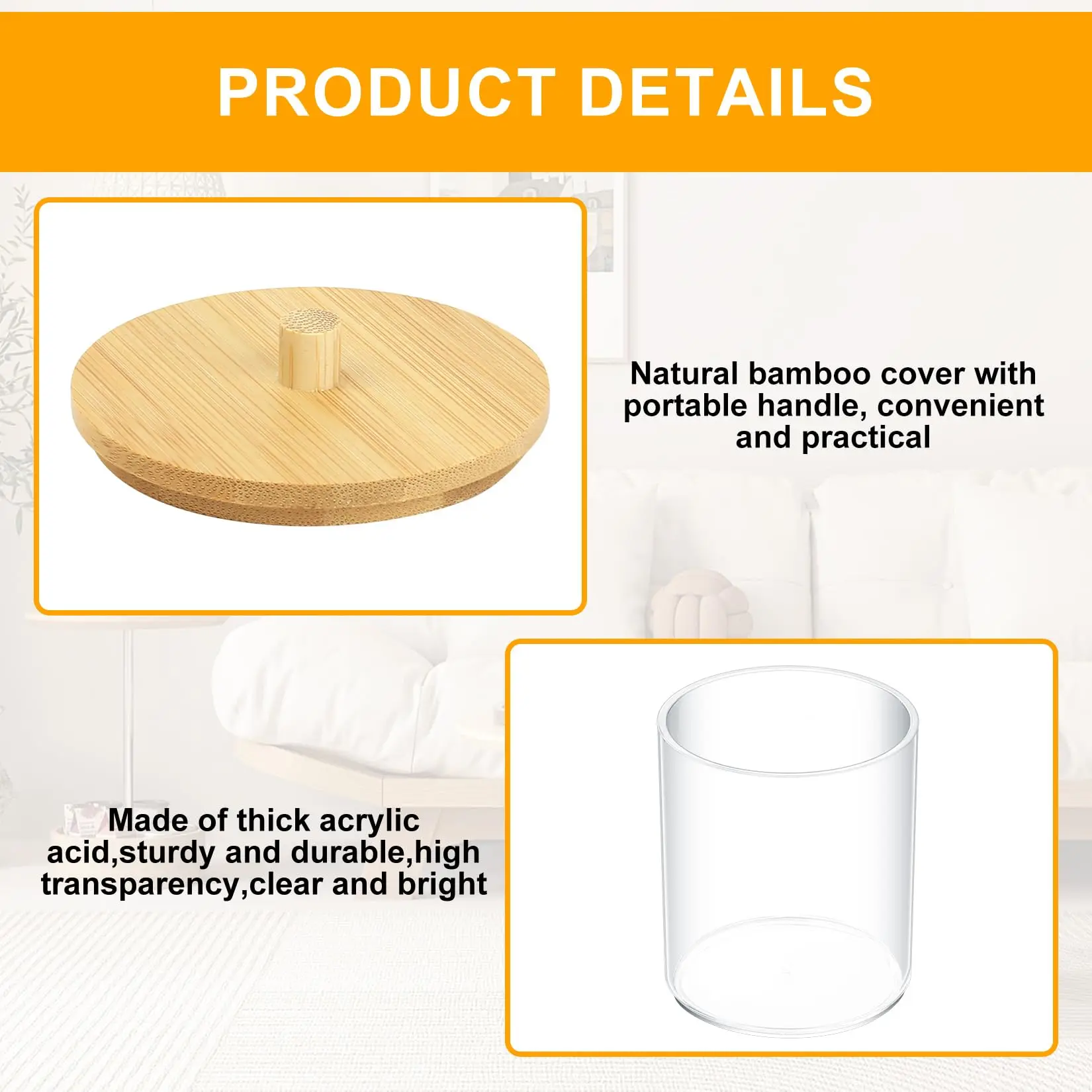 Acrylic Storage Box Bathroom Jar Makeup Organizer Cotton Round Pad Holder Cotton Swab Box Qtip Holder Dispenser with Bamboo Lid 5