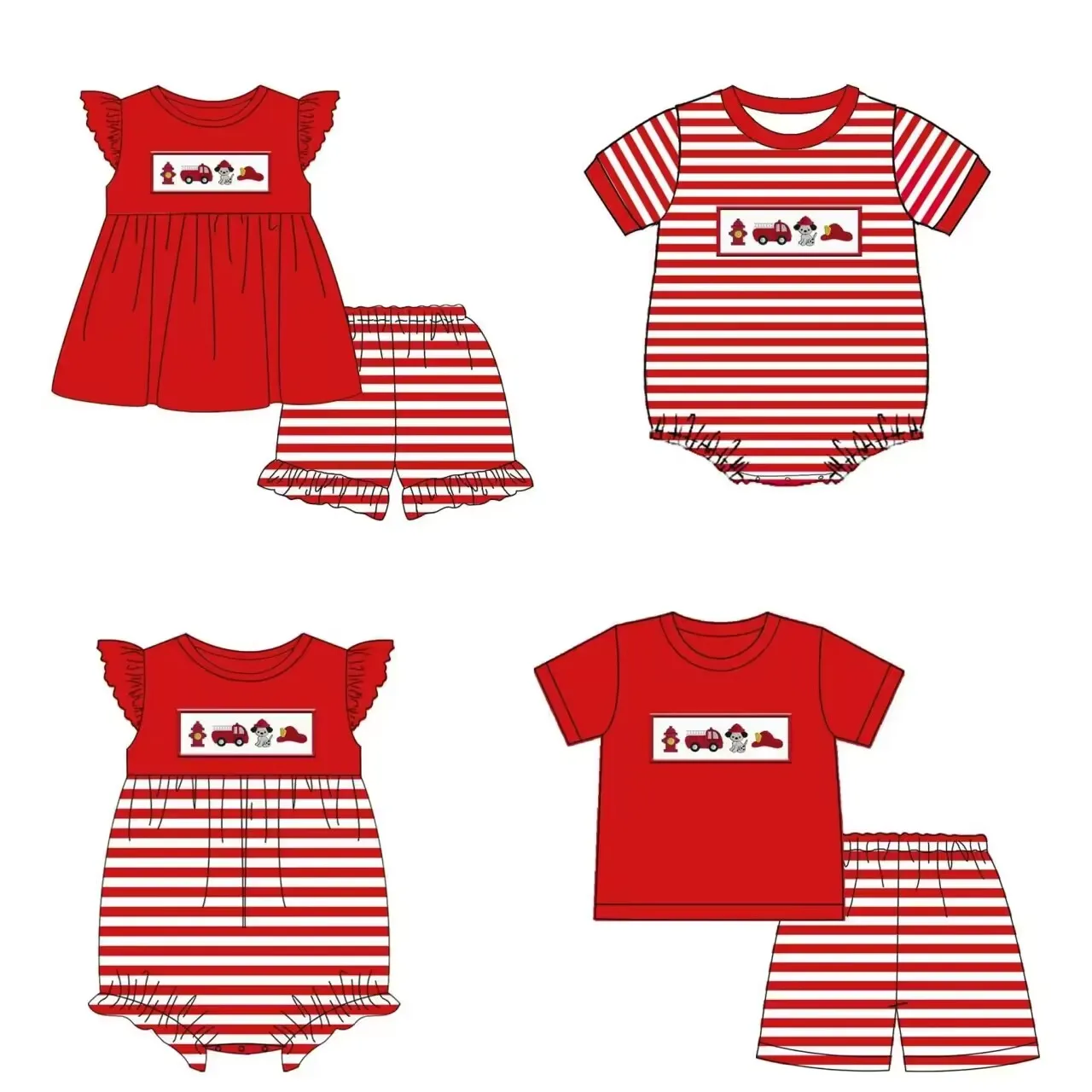 

Fire truck Series Red short sleeve set Boys outfits set Girls Boutique Clothing Children's Fashion Clothing Baby Romper jumpsuit