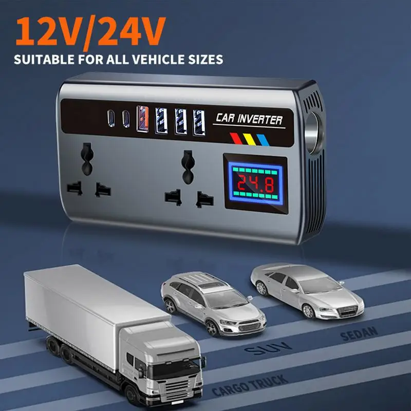 Car Inverter Outlet 12V/24V to 220V Car Converter for Plug Outlet Fast Charging Ports Portable Automotive Charger Inverter 3 USB
