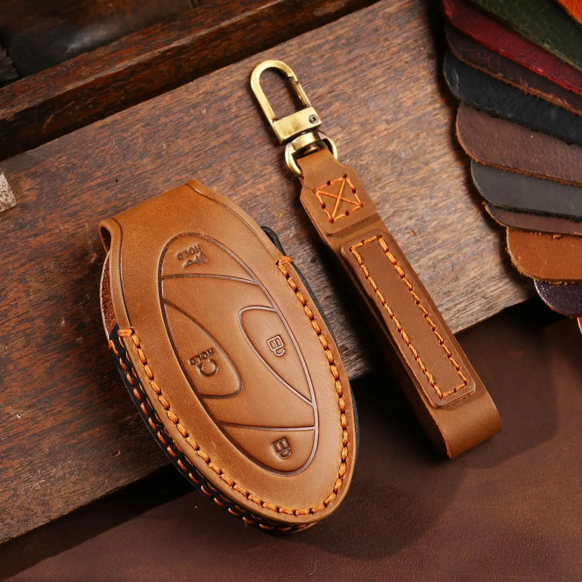 

Leather Car Key Case Cover for Hyundai 2023 KONA Grandeur GN7 Smart Remote Key Protect Cover Shell Handmade Auto Accessor Holder