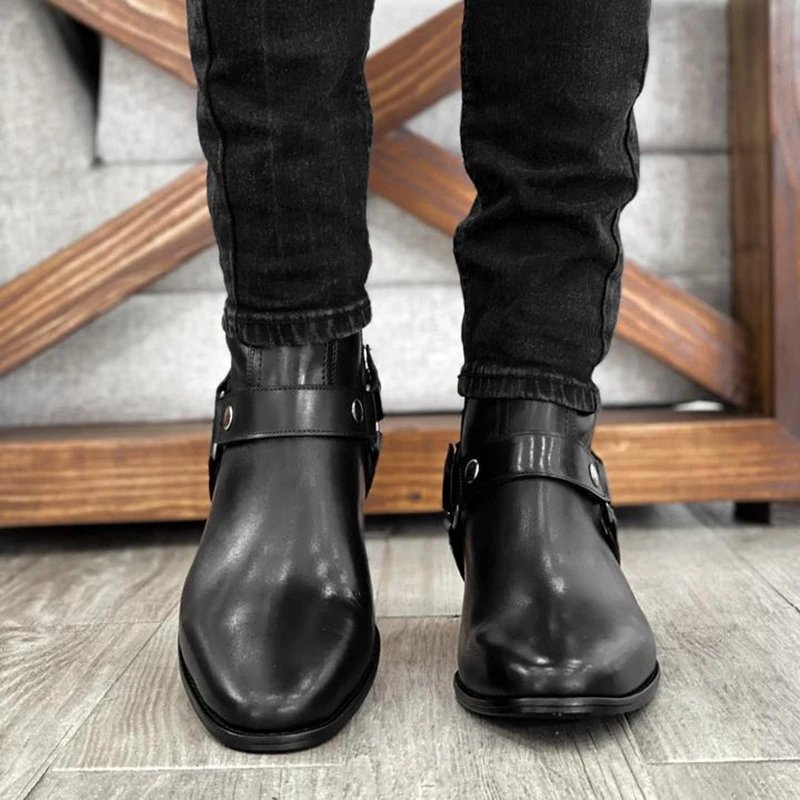 Men's Short Boots Black Genuine Leather Zip Business Low-heeled Handmade Ankle Boots for Men Zapatos Hombre