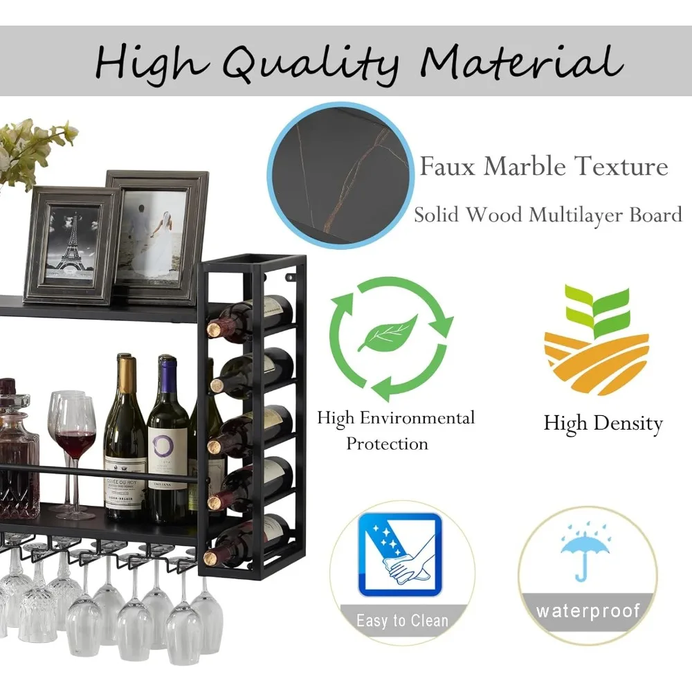 Wall Mounted Wine Rack with Glass Holder, Metal Bottle Holder Wine Storage Display Rack for Home Bar Dining Room Kitchen