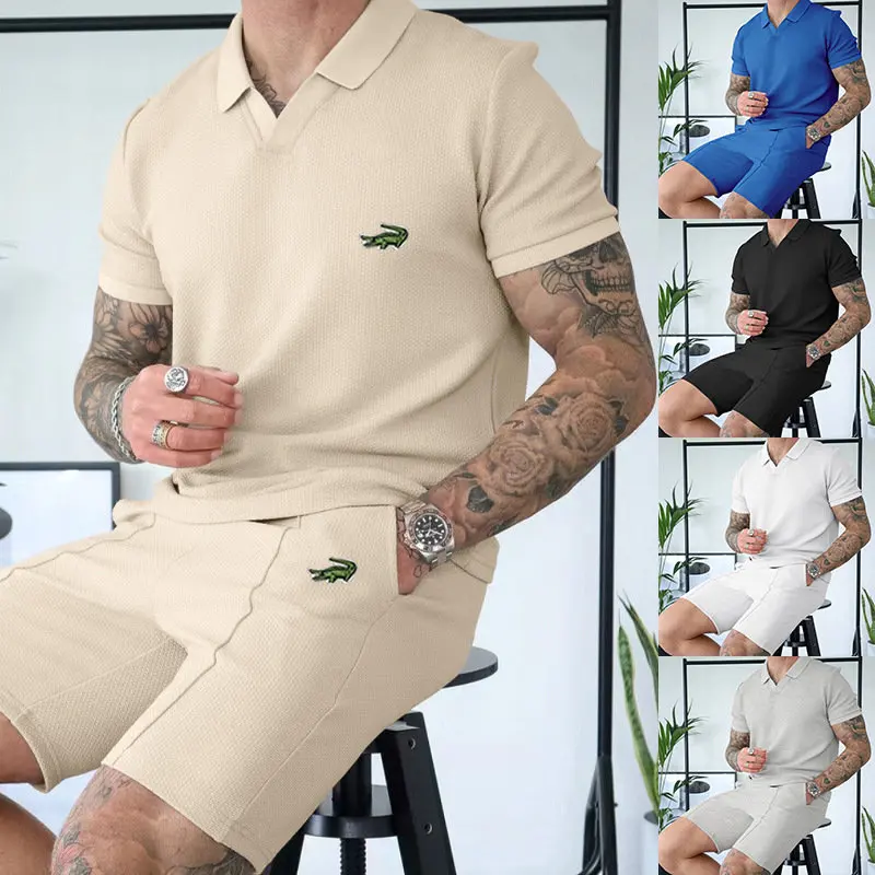 CARTELO 2 Piece Men's Herfger Lapel Solid Color Thin Casual POLO Short Sleeved Shorts Summer Sports Suit Fashion Trousers Set