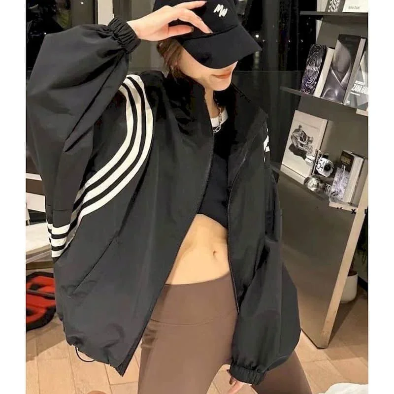 thumbnail image 1 of Chaquetas de paracaídas para mujer, estilo coreano, ropa de abrigo informal con protección solar, cárdigans holgados con cuello alto, abrigos retro de manga larga, blusas para mujer, 1 of 4