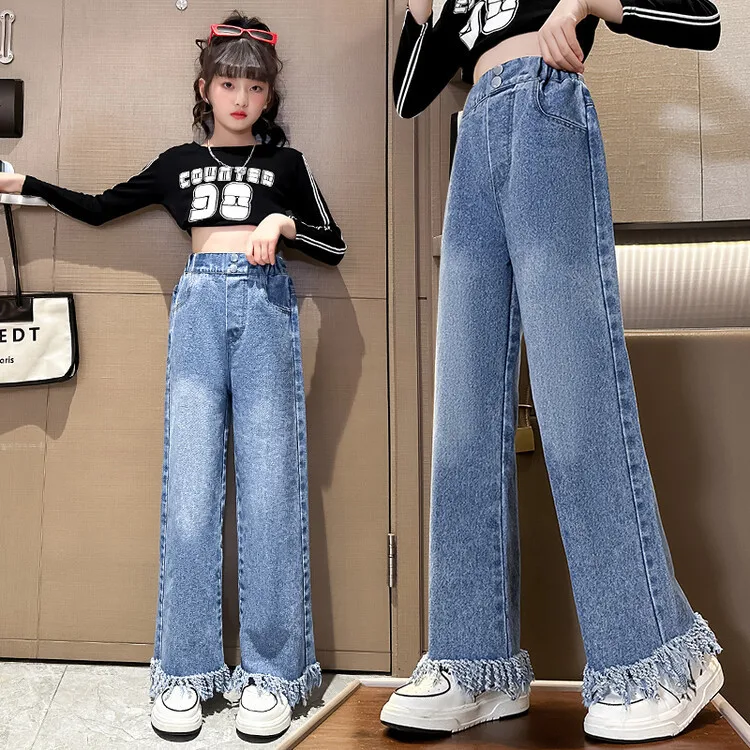 Teen Girls Wide Leg Pants for Korean Straight Fashion Tassel Design Spring Fall Hot Sales Children Vintage Denim Trousers 10 12Y