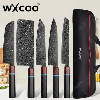 WXCOO Coltelli da cucina professionali giapponesi Set Coltello da cuoco in acciaio di Damasco Mannaia per carne di pesce Affettare Coltello Santoku Strumenti di cottura 1