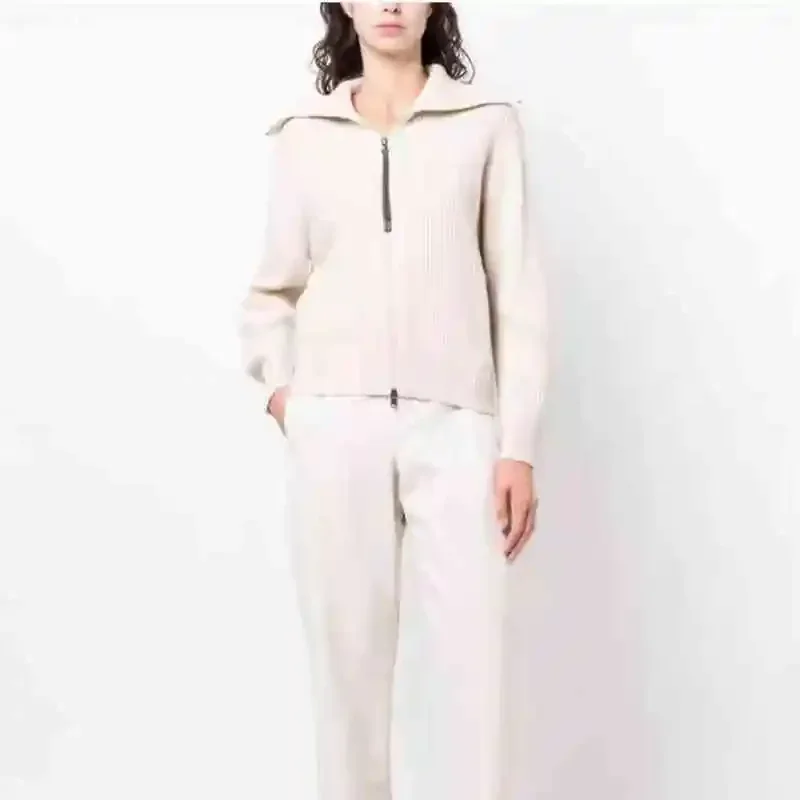 

New Autumn and Winter Zipper Cardigan Women Large Lapel Casual 100% Cashmere Sweater Jacket