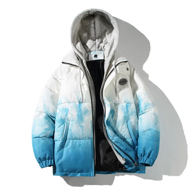 

Winter Men's Thickened Warm Cotton Jacket Hooded Casual Coat Black And Blue Printed Hip-hop Trend Harajuku Style Hooded Jacket